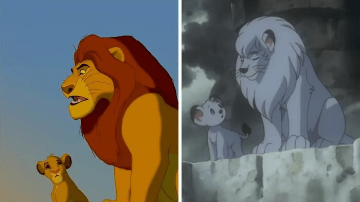 Сравнение кадров мультфильмов «Король лев» и «Кимба, белый лев»